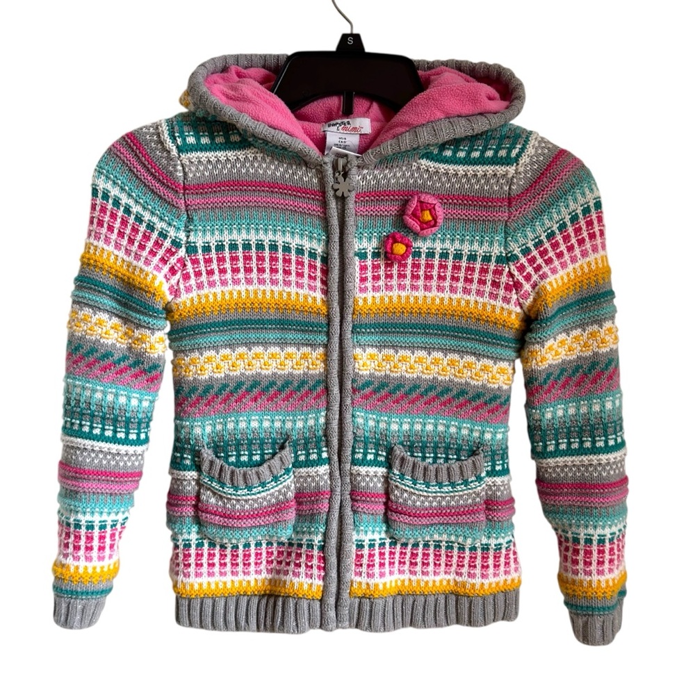 Bopster & Mimi Colorful Knit Hooded Sweater Coat Jacket Fleece Kids 5-6 Warm